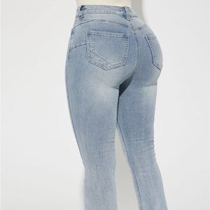 High Rise Light Blue Denim Flared Jeans with Pockets for Women